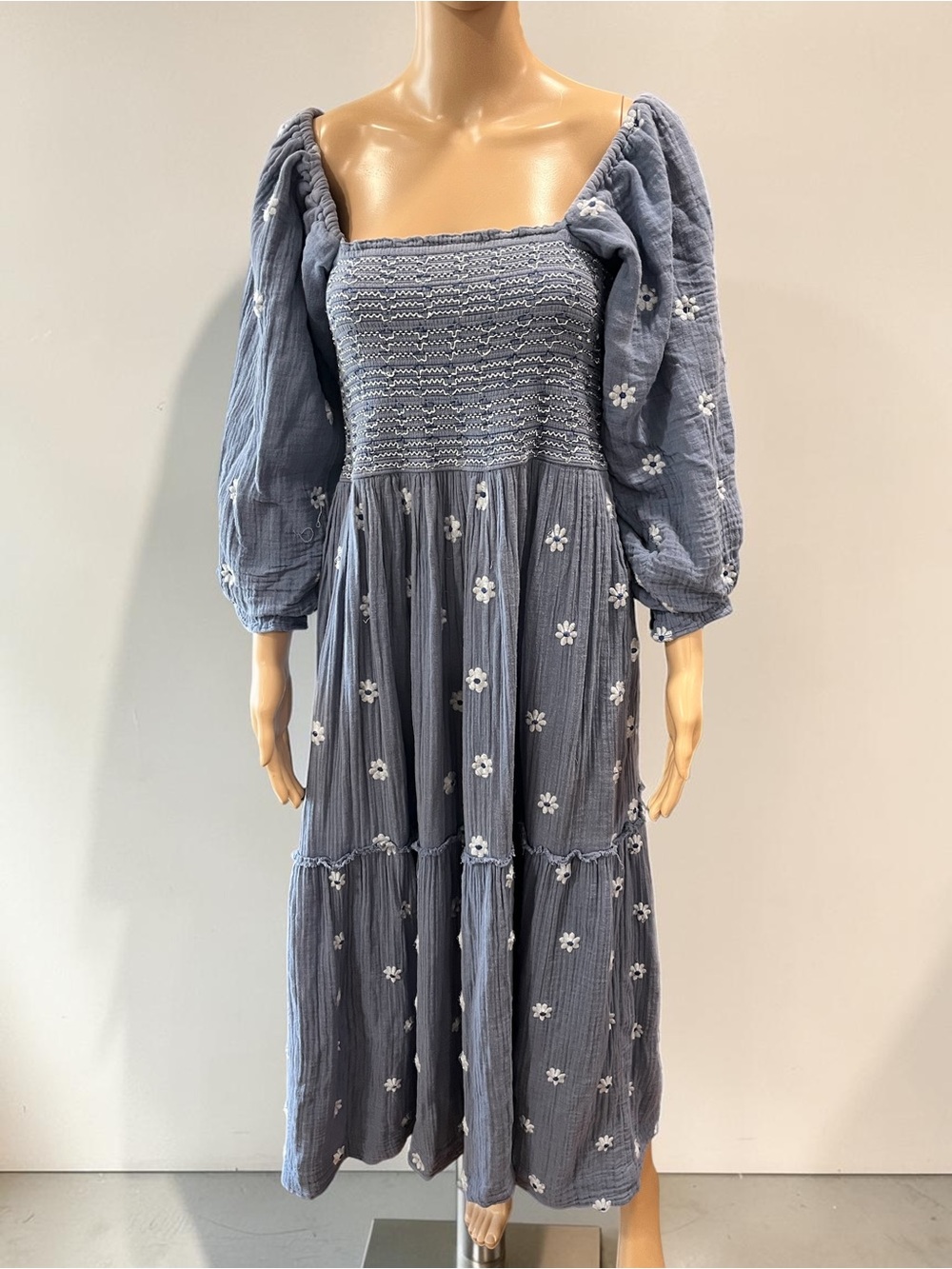Free People Dahlia Embroidered Smocked Maxi Dress - Blue Boho size M